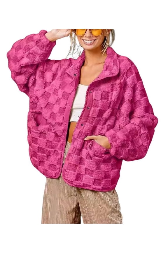 Women's Rose Checkered Oversized Sherpa Jacket Fuzzy Warm Winter with Pockets