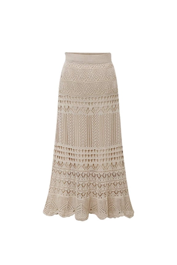 Women's Beige Multi Color Crochet Hollow Out Knit Maxi Skirt High Waist Flowy with Lace Trim