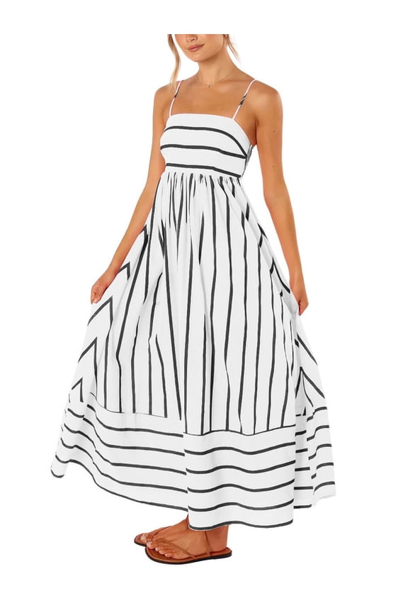 Women's Striped Back Smocked Maxi Dress Sexy Spaghetti Strap Cut Out Flowy Swing Long Dress