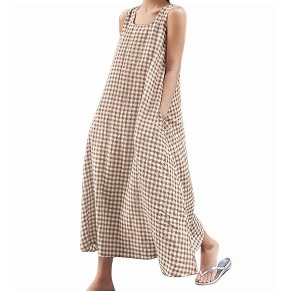 sicmoss Women's Coffee Boho Plaid Sleeveless U-Neck Maxi Dress for Women Casual Loose Fit Cotton Linen Long Sundress Side Pockets Flowy A-Lin