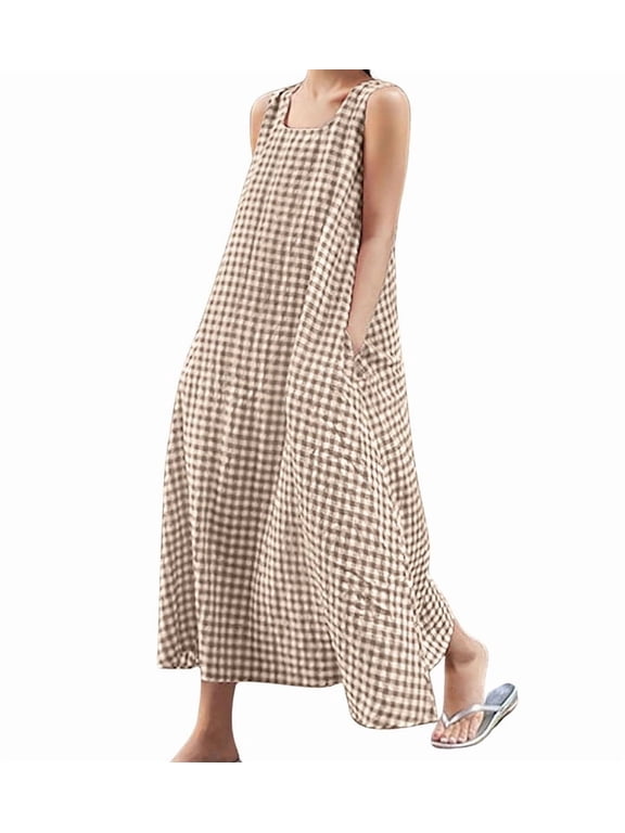 Women's Coffee Boho Plaid Sleeveless U-Neck Maxi Dress for Women Casual Loose Fit Cotton Linen Long Sundress Side Pockets Flowy A-Lin