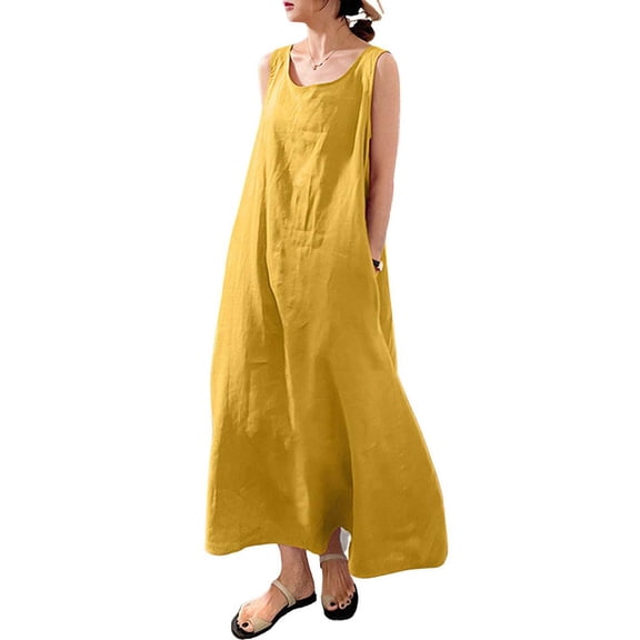 sicmoss Women's Summer Casual Sleeveless Cotton Sun Dress Maxi Tunic Tank Beach Dress with Pocket