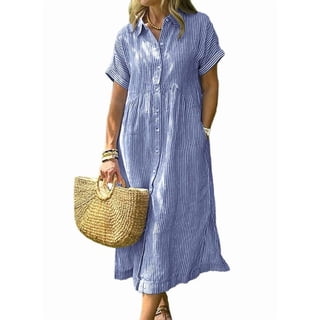 sicmoss Summer Women's Blue Striped Cotton Short Sleeve Shirt Dress Midi Long Relaxed Fit with Button-Down Collar