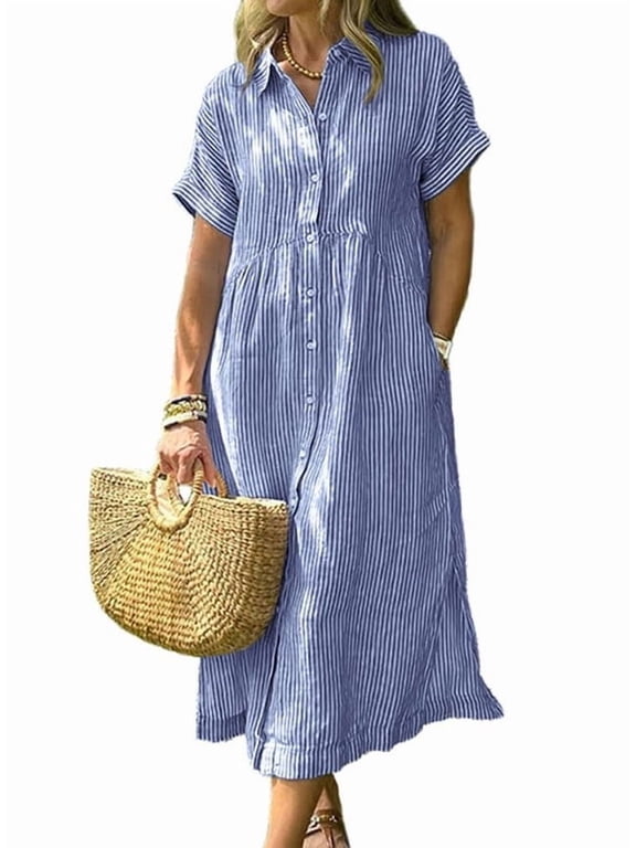 Summer Women's Blue Striped Cotton Short Sleeve Shirt Dress Midi Long Relaxed Fit with Button-Down Collar