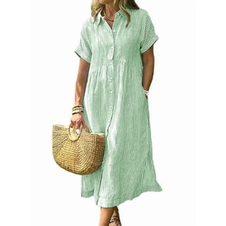 sicmoss Summer Women's Green Striped Cotton Short Sleeve Shirt Dress Midi Long Relaxed Fit with Button-Down Collar