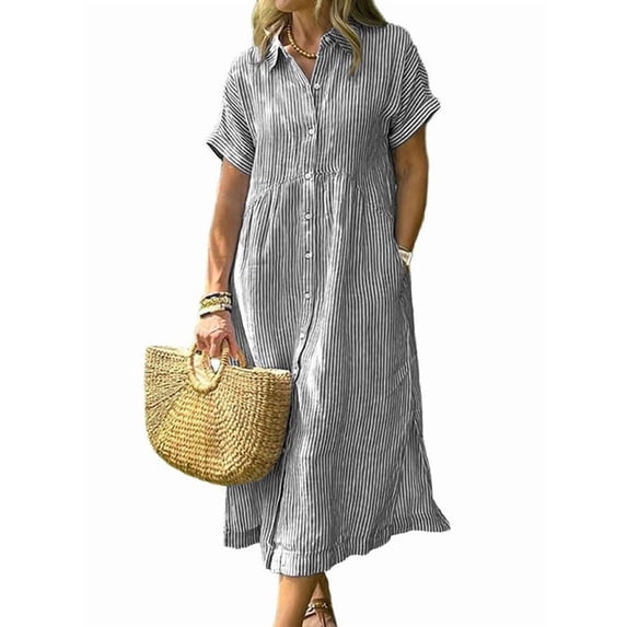 sicmoss Summer Women's Black Striped Cotton Short Sleeve Shirt Dress Midi Long Relaxed Fit with Button-Down Collar