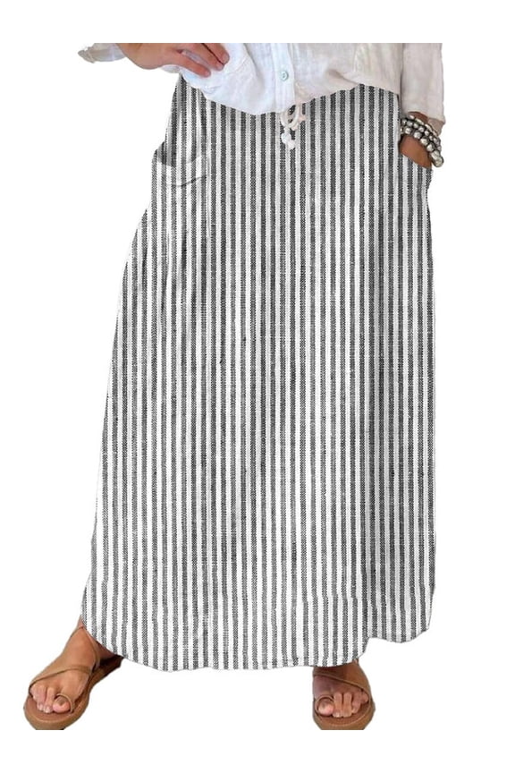 Women's Gray Vertical Striped High Waist Maxi Skirt Cotton Long with Pockets