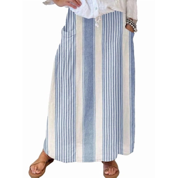 sicmoss Women's Blue Vertical Striped High Waist Maxi Skirt Cotton Long with Pockets