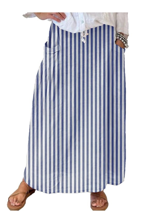 Women's Blue Vertical Striped High Waist Maxi Skirt Cotton Long with Pockets