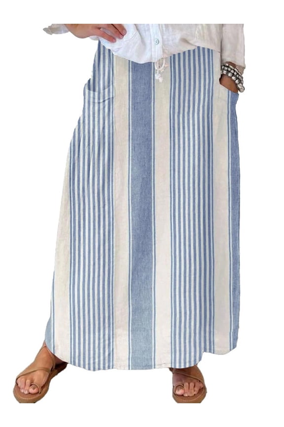 Women's Blue Vertical Striped High Waist Maxi Skirt Cotton Long with Pockets