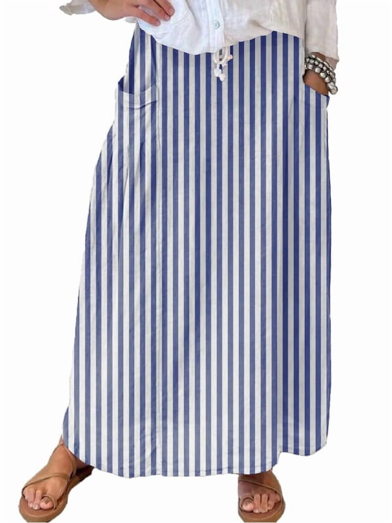 sicmoss Women's Blue Vertical Striped High Waist Maxi Skirt Cotton