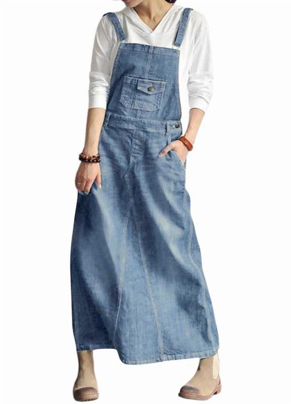 a line denim pinafore dress Sicmoss Women's Blue Distressed Overall Vintage A-Line with Adjustable Straps, Size: 2XL Denim overall dress with