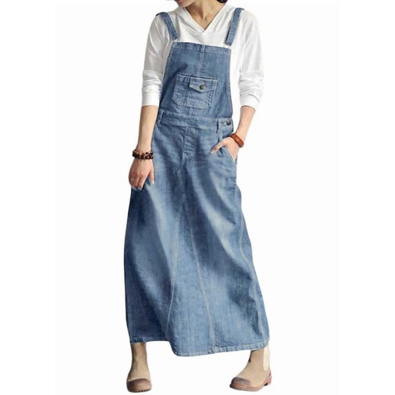 sicmoss Women's Blue Distressed Denim Overall Dress Vintage A-Line Pinafore with Adjustable Straps