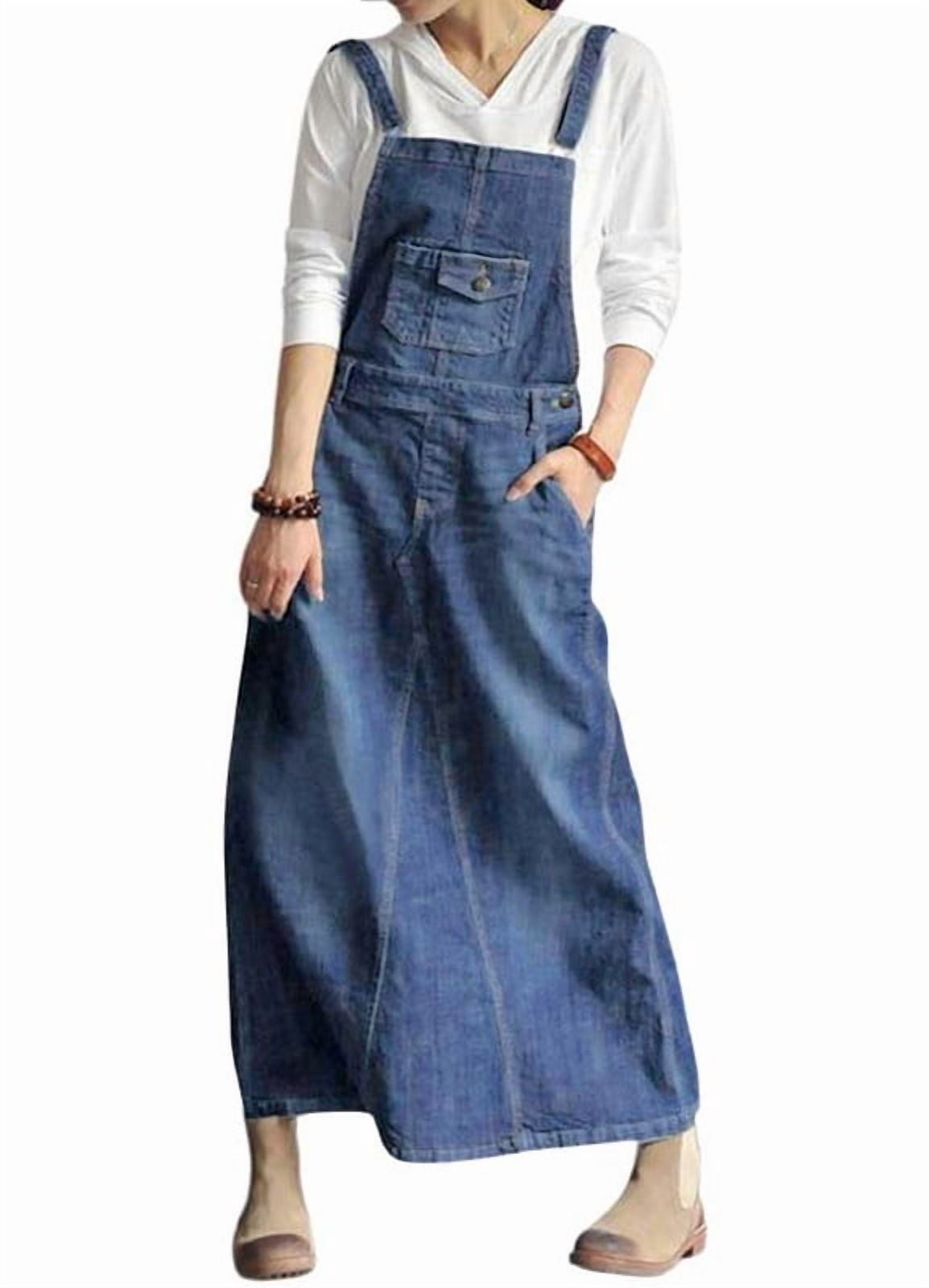 sicmoss Women's Blue Distressed Denim Overall Dress Vintage A-Line ...