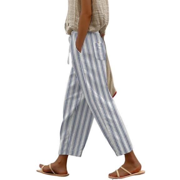 sicmoss Women's White Cotton Vintage Floral High Waist Palazzo Pants Wide Leg Beach Summer with Pockets