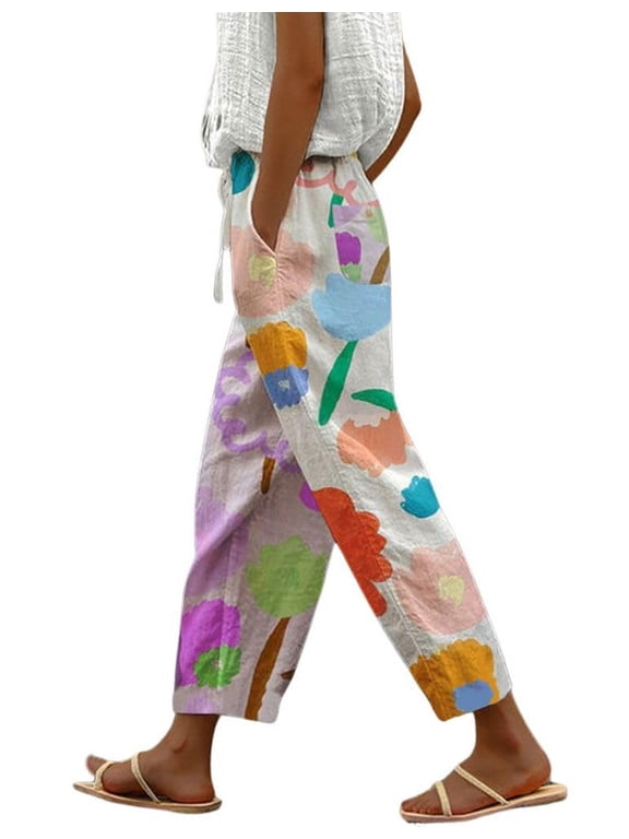 Women's White Cotton Vintage Floral High Waist Capri Pants Wide Leg Beach Summer with Pockets