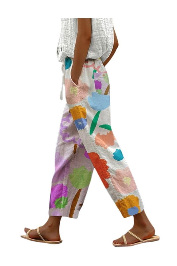 Women's White Cotton Vintage Floral High Waist Palazzo Pants Wide Leg Beach Summer with Pockets