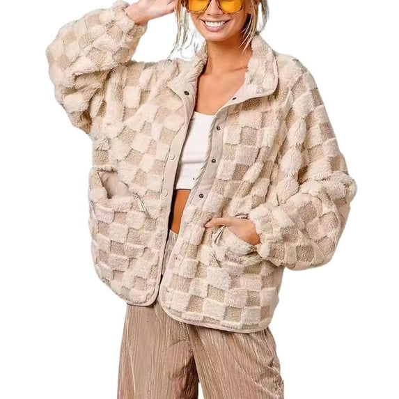 sicmoss Women's White Checkered Oversized Sherpa Jacket Fuzzy Warm Winter with Pockets
