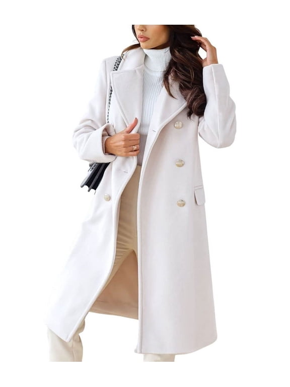 Women's White Double Breasted Wool Overcoat, Lapel Long Winter with Pockets