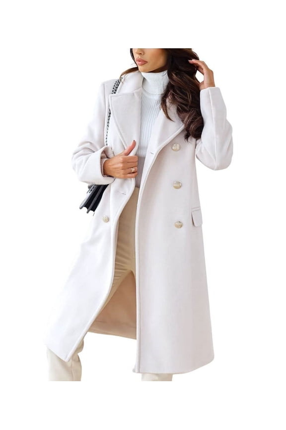 Women's White Double Breasted Wool Overcoat, Lapel Long Winter with Pockets