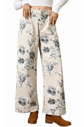 Women's White Floral Print Mid Rise Cropped Wide Leg Jeans Boho Baggy with Pockets