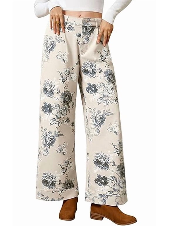 Women's White Floral Print Mid Rise Cropped Wide Leg Jeans Boho Baggy with Pockets