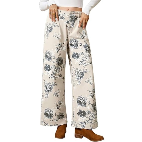 sicmoss Women's White Floral Print Mid Rise Cropped Wide Leg Jeans Boho Baggy with Pockets