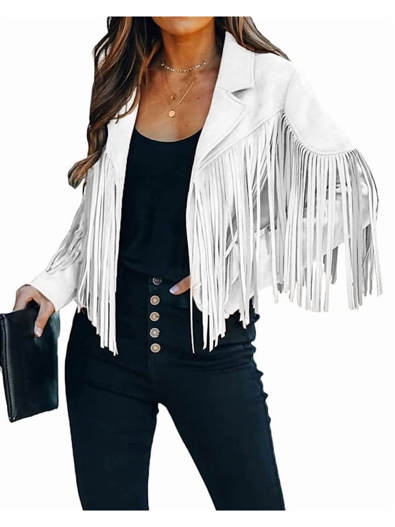 Women's White Suede Fringe Jacket Long Sleeve Slim Faux Leather Boyfriend Cropped Top with Tassles
