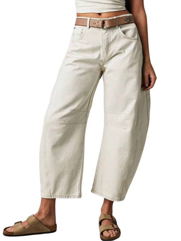 Women's White Y2K Vintage Mid Rise Stretchy Barrel Jeans Loose Wide Leg Cropped with Pockets