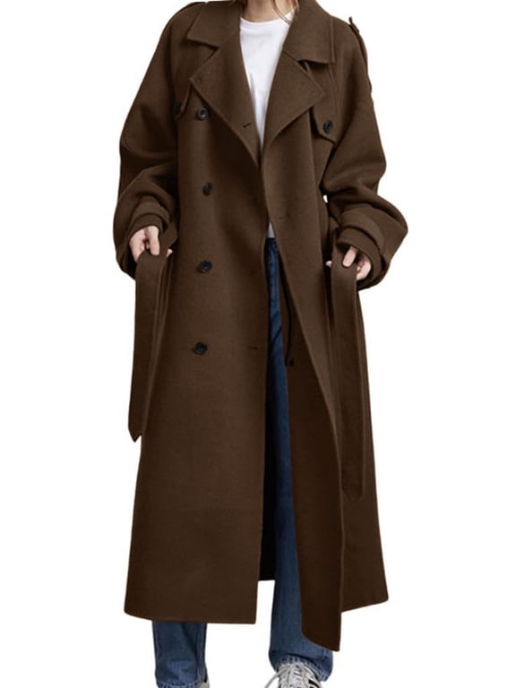 Women's Winter Brown Wool Trench Coat Double Breasted Notch Lapel Midi Long Overcoat with Belt and Pockets