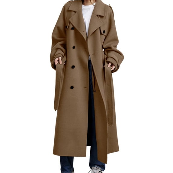 sicmoss Women's Winter Camel Wool Trench Coat Double Breasted Notch Lapel Midi Long Overcoat with Belt and Pockets