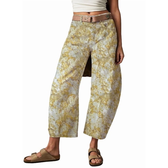 sicmoss Women's Yellow Cotton Printed Mid Rise Baggy Barrel Jeans Wide Leg Y2K Patchwork with Pockets