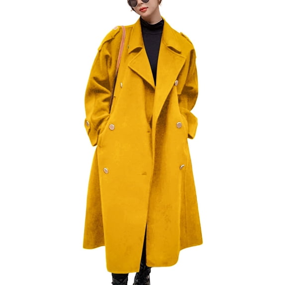 sicmoss Women's Yellow Double Breasted Wool Pea Coat Notch Lapel Midi Winter