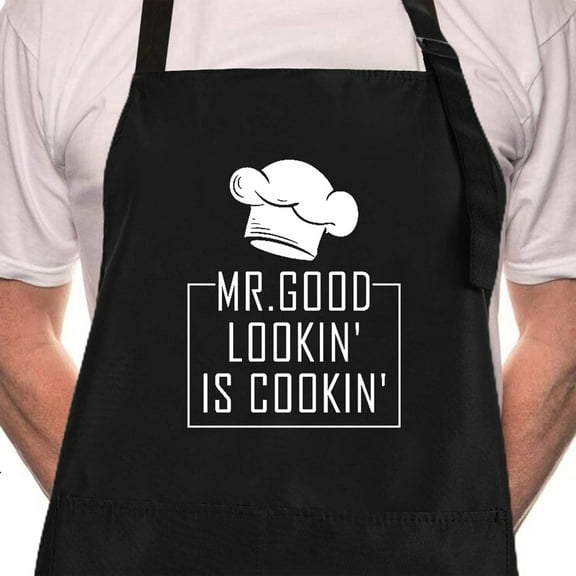 sidao Funny BBQ Black Chef Aprons for Men, Mr Goodlookin'' is Cookin'', Adjustable Kitchen Cooking Aprons with Pocket Waterproof Oil Proof Father’s Day/Birthday