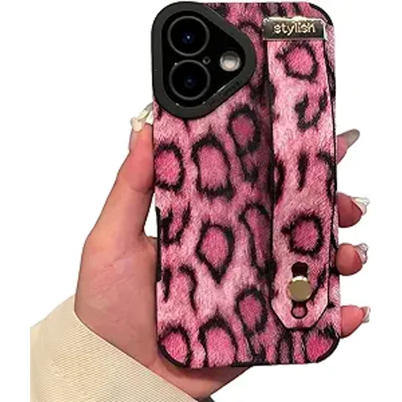 siduater for iPhone 16 Case for Girls Women | Colorful Retro Leopard Phone Cover with Adjustable Grip Loop Strap Handle Kickstand, Pink