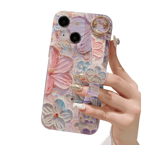 siduater for iPhone 13 Case for Girls Women | Colorful Retro Oil Painting Flower Phone Cover with Adjustable Grip Loop Strap Handle Kickstand, Floral Pink