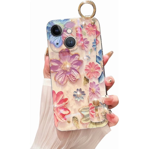 siduater for iPhone 14 Case for Girls Women | Colorful Retro Oil Painting Flower Phone Cover with Adjustable Grip Loop Strap Handle Kickstand, Cherry Blossom