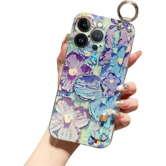 siduater for iPhone 14 Pro Case for Girls Women | Colorful Retro Oil Painting Flower Phone Cover with Adjustable Grip Loop Strap Handle Kickstand, Floral