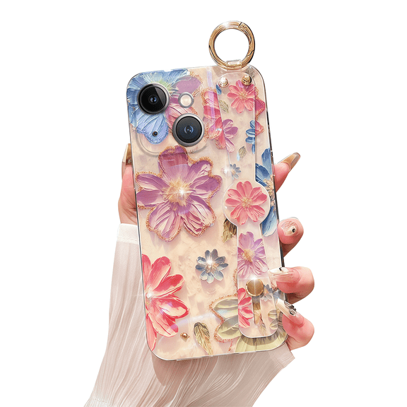 siduater for iPhone 15 Case for Girls Women | Colorful Retro Oil Painting Flower Phone Cover with Adjustable Grip Loop Strap Handle Kickstand, Cherry Blossom