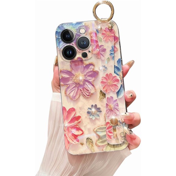 siduater for iPhone 15 Pro Case for Girls Women | Colorful Retro Oil Painting Flower Phone Cover with Adjustable Grip Loop Strap Handle Kickstand, Cherry Blossom