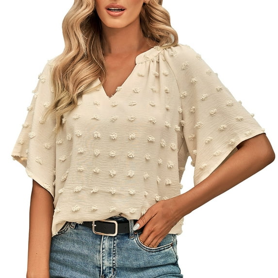 siilsaa Shirts for Women Women's Summer Tops 2025 Dressy Casual Short Sleeve Blouses Shirts Beige,M