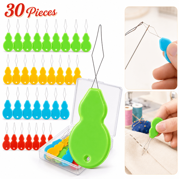 siisll 30 Pieces Gourd Shaped Plastic Needle Threaders, Simple Plastic Wire Loop DIY Needle Threader Hand Machine Sewing DIY Crafting Needle Tool for Sewing Crafting with Clear Box, 4 Colors Random