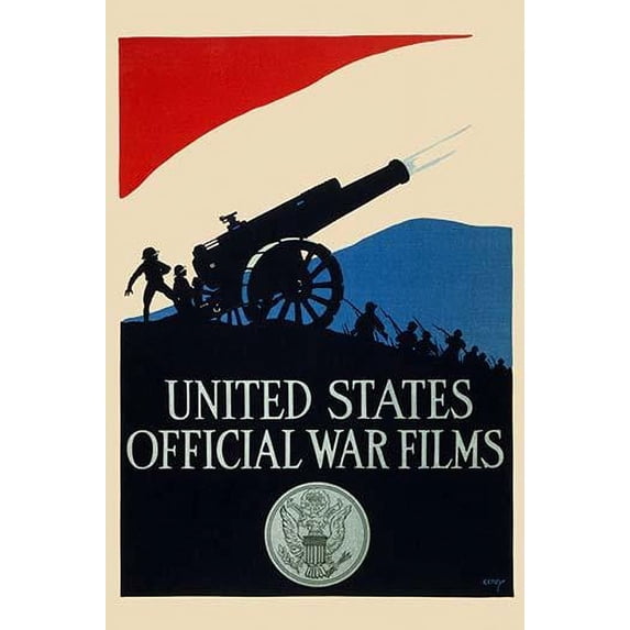 silhouette of soldiers and firing cannon against a red, white, and blue sky, with United States seal below. Poster Print by US Gov't (18 x 24)