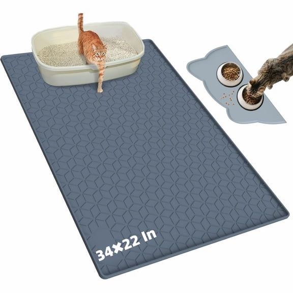 Cat Litter Mat, ODDPC Large 34" X 22" Cat Litter Mat,Silicone Litter Cat Mat with Food Mat, Water Proof&Easy to clean,Grey