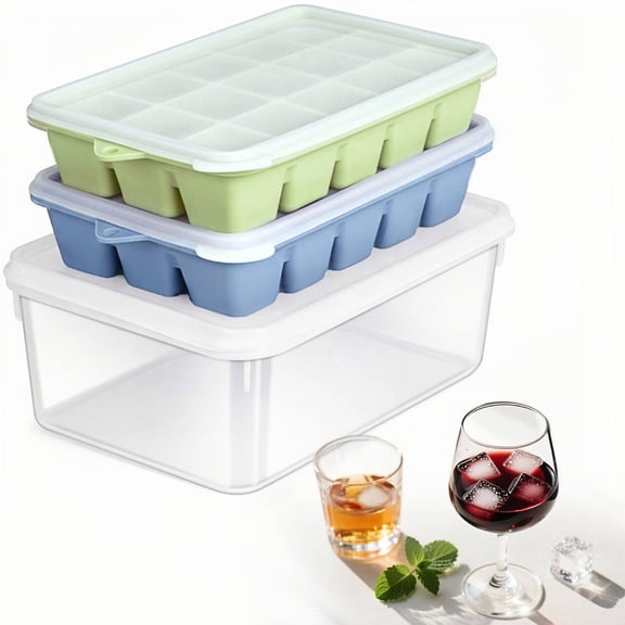 Silicone Ice Cube Trays with Lid and Bin - Easy Release 15 Nice Ice Cube Molds 2Pack, Stackable Ice Trays for Freezer with Storage Container, for Whiskey, Coffee, Cocktail.