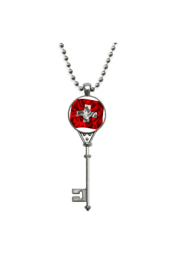 silk texture switzerland flag pattern pendant vintage necklsilver key jewelry