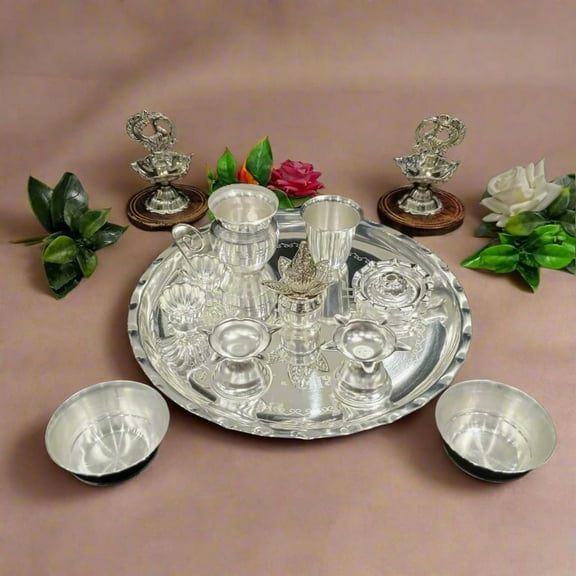 silver plated 12 pieces pooja thali set for diwali pooja/ housewarming
