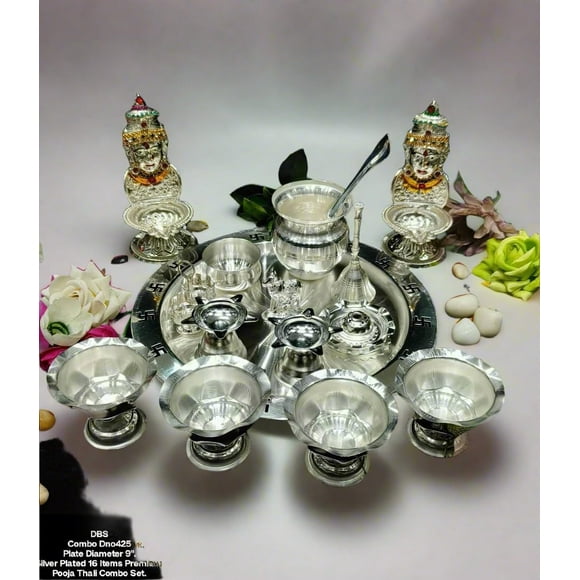silver plated 16 pieces pooja thali set for housewarming pooja/ diwali