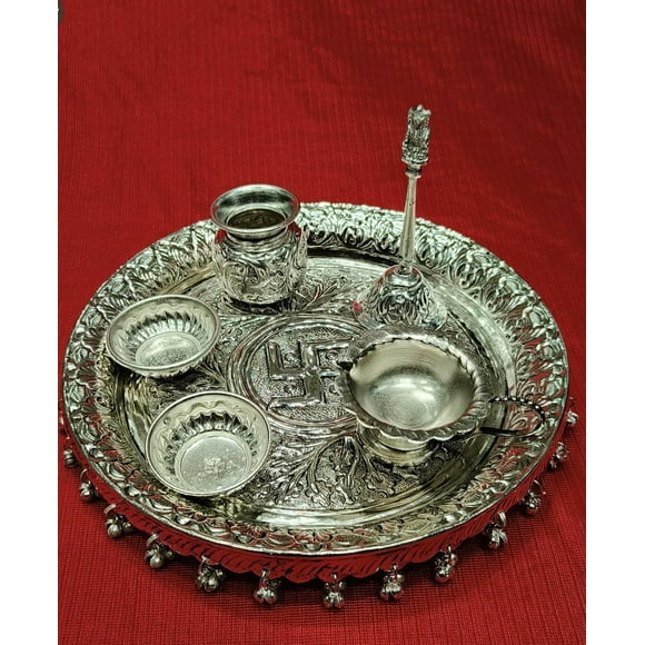 silver plated antique finish pooja thali set for housewarming/ diwali