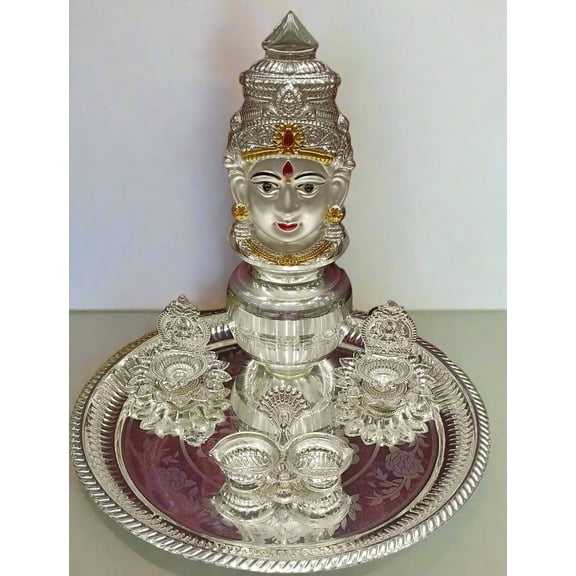 silver plated pooja thali set for housewarming/ diwali set of 6 pieces